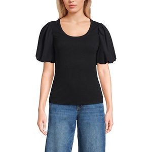 image:imageWomens Drapey Rib Puff Sleeve Scoop Neck TopBlack