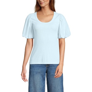 image:imageWomens Drapey Rib Puff Sleeve Scoop Neck TopSoft Ice Blue