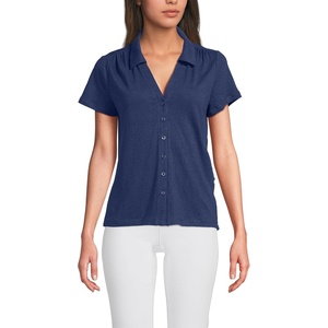 image:imageWomens Linen Blend Short Sleeve Button Front Polo TopDeep Sea Navy