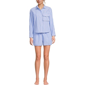 image:imageLands End Womens Cotton Poplin 2 Piece Pajama Set  Long Sleeve Top and Shorts with PipingBrisk BlueRose Pink Stripe