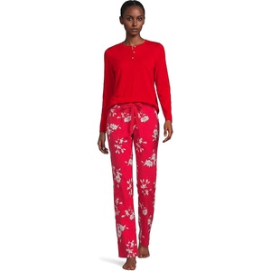 image:imageLands End Womens Knit 2 Piece Pajama Set  Long Sleeve Top and PantsCompass RedIvory Floral