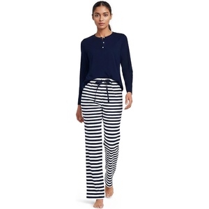 image:imageLands End Womens Knit 2 Piece Pajama Set  Long Sleeve Top and PantsDeep Sea Navy Even Stripe