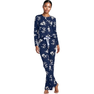 image:imageLands End Womens Knit 2 Piece Pajama Set  Long Sleeve Top and PantsDeep SeaIvory Floral