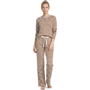 image:imageLands End Womens Knit 2 Piece Pajama Set  Long Sleeve Top and PantsRich Ginger Even Stripe