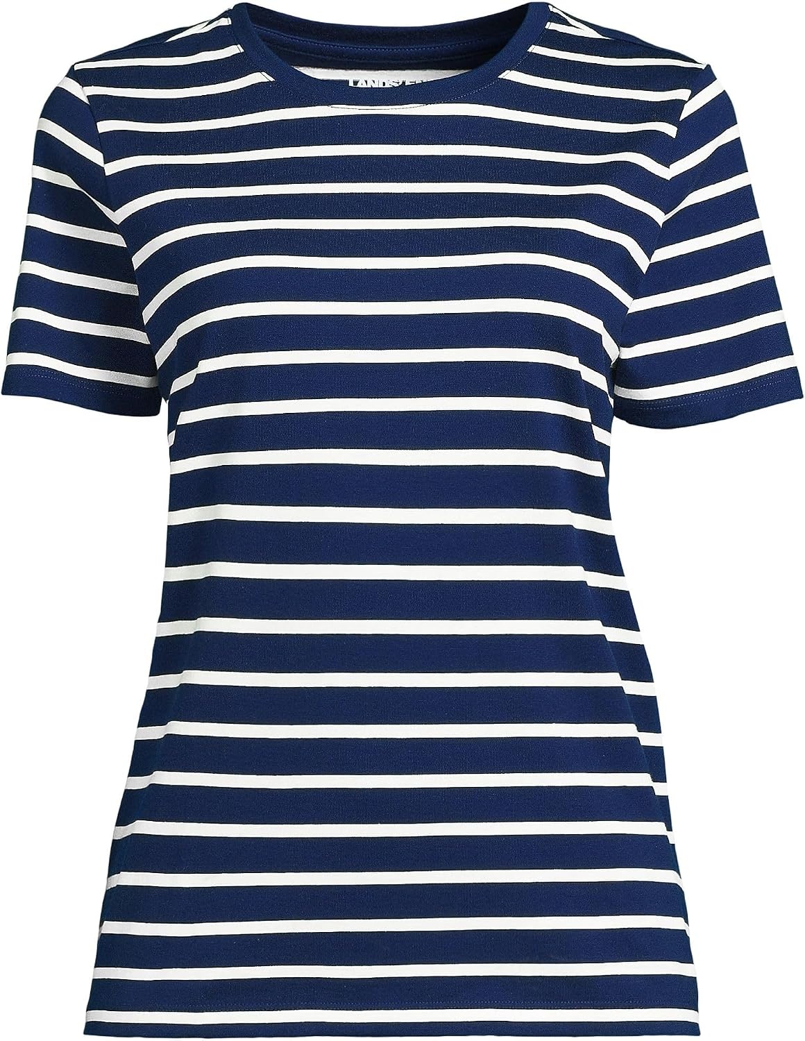 image:imageLands End Womens Supima Crew Neck TShirt  AmericanGrown Supima Cotton Relaxed Fit Tagless MidHip Length Layering Petite and Plus SizesDeep SeaIvory Breton Stripe