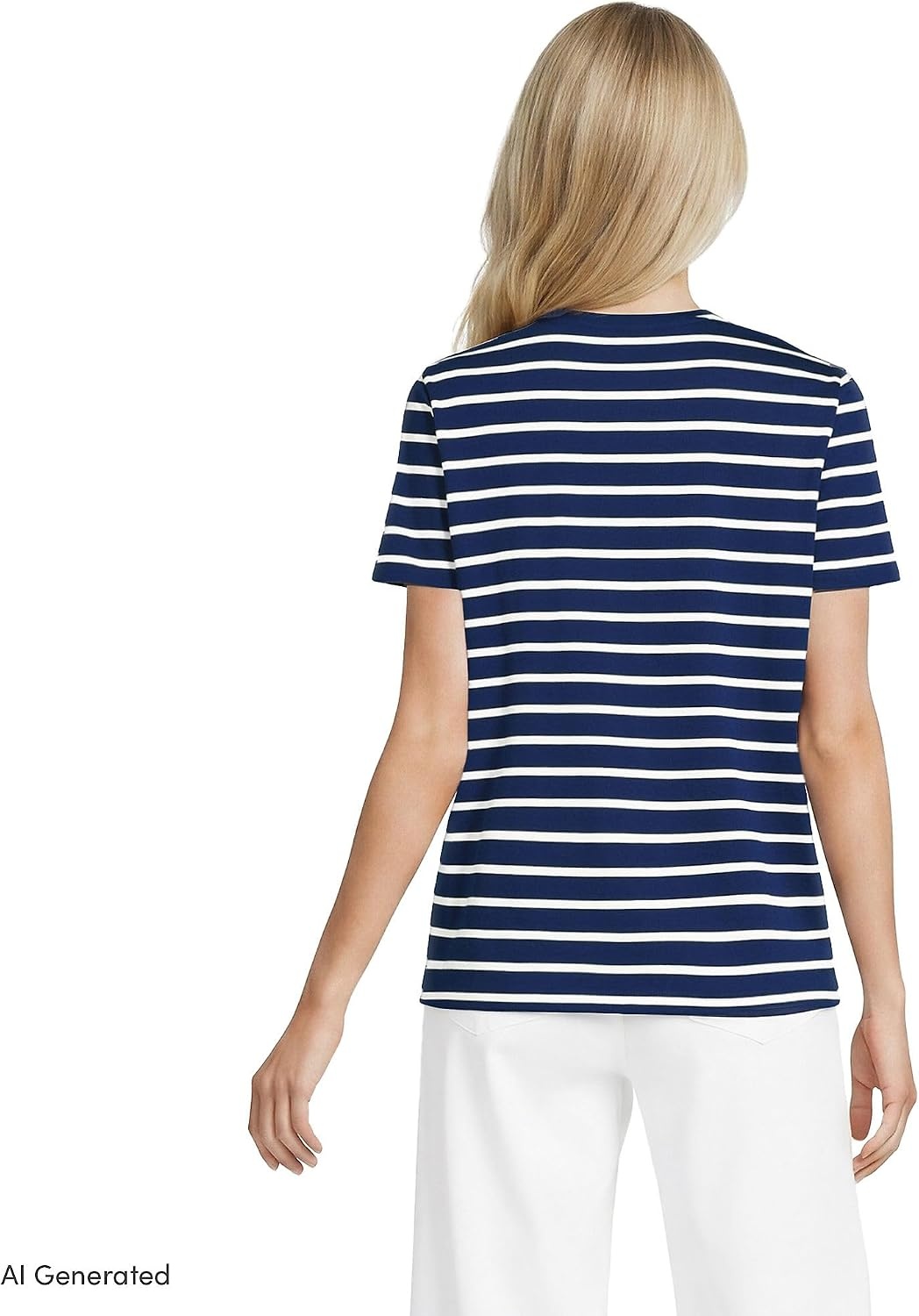 image:imageLands End Womens Supima Crew Neck TShirt  AmericanGrown Supima Cotton Relaxed Fit Tagless MidHip Length Layering Petite and Plus SizesDeep SeaIvory Breton Stripe