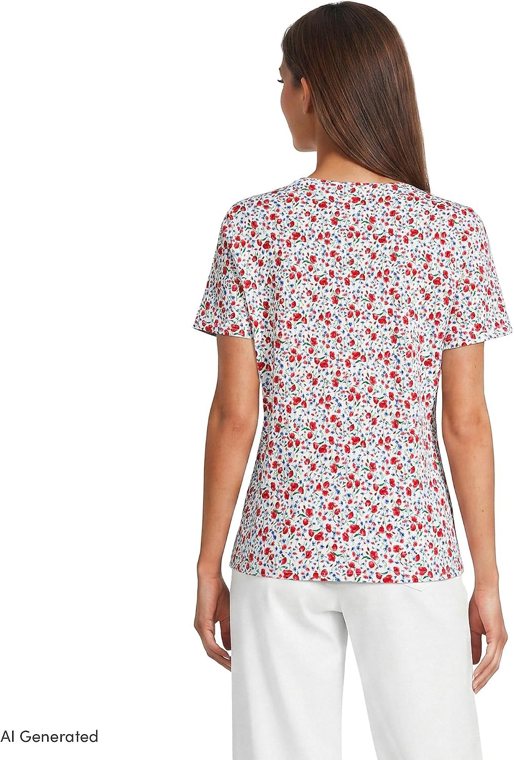 image:imageLands End Womens Supima Crew Neck TShirt  AmericanGrown Supima Cotton Relaxed Fit Tagless MidHip Length Layering Petite and Plus SizesIvory Small Poppy Floral