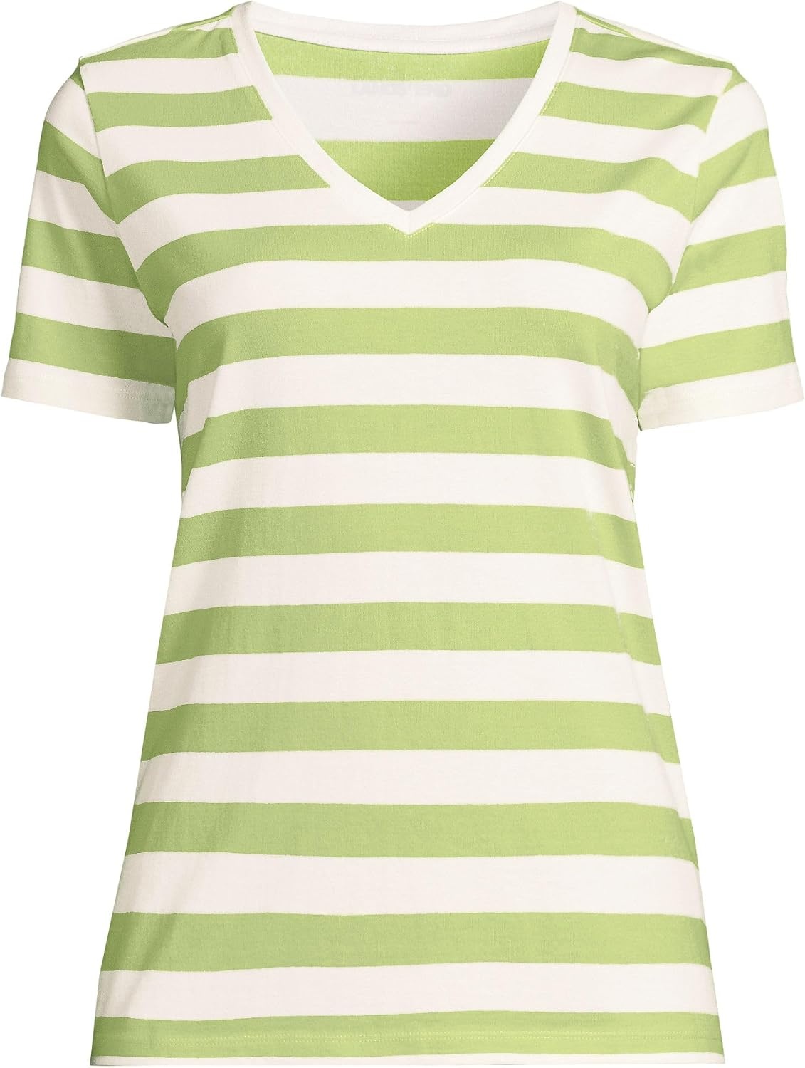 image:imageLands End Womens Supima VNeck TShirt  AmericanGrown Supima Cotton Relaxed Fit Straight Hem Tagless Layering Petite and Plus SizesIvoryApple Green Bold Stripe
