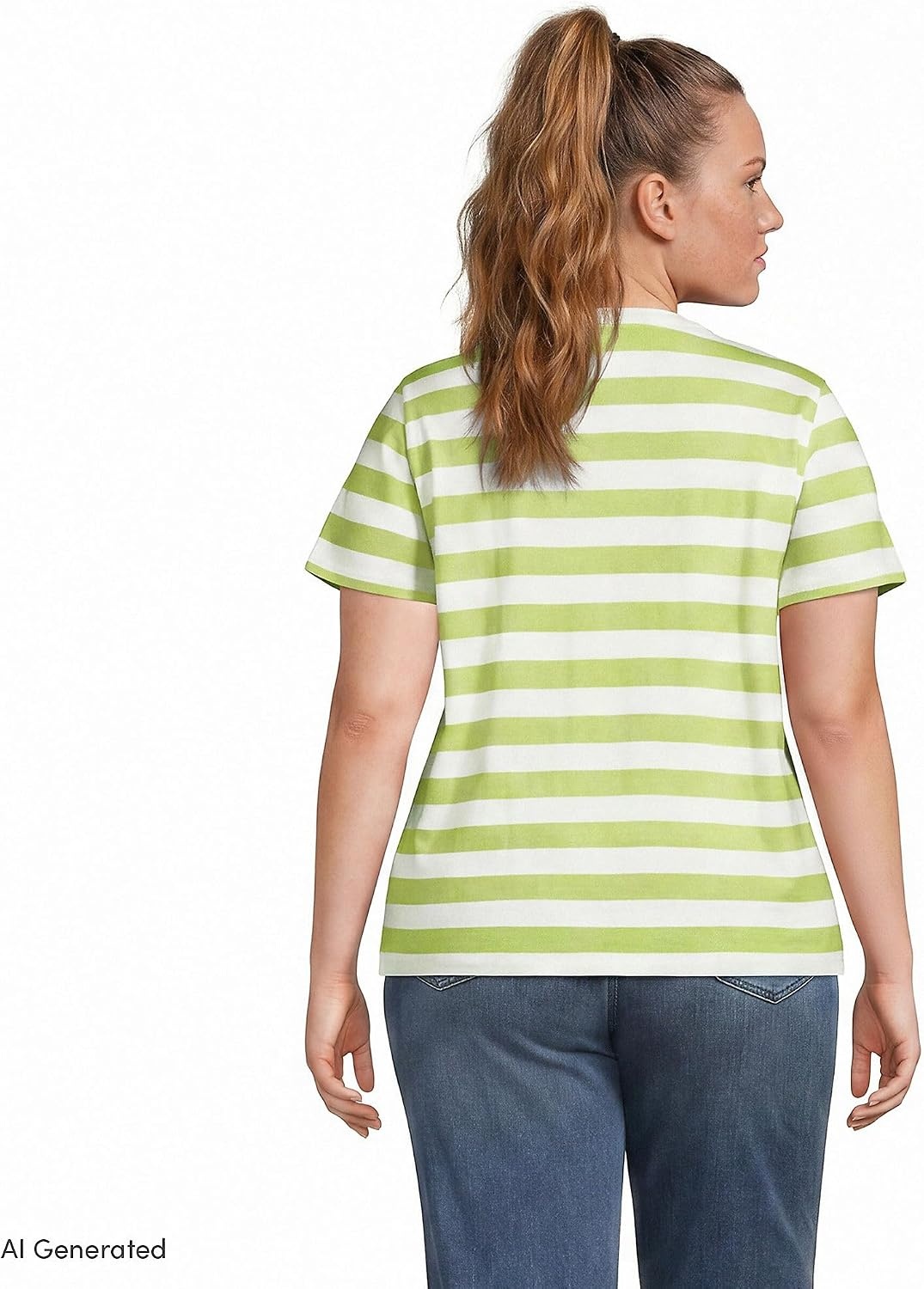image:imageLands End Womens Supima VNeck TShirt  AmericanGrown Supima Cotton Relaxed Fit Straight Hem Tagless Layering Petite and Plus SizesIvoryApple Green Bold Stripe