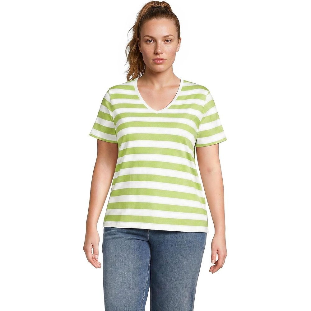 image:imageLands End Womens Supima VNeck TShirt  AmericanGrown Supima Cotton Relaxed Fit Straight Hem Tagless Layering Petite and Plus SizesIvoryApple Green Bold Stripe