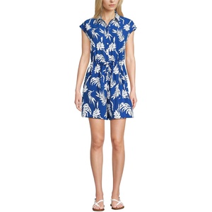 image:imageLands End Womens Cap Sleeve Creaseless ButtonDown RomperVibrant Lapis Tropic Floral