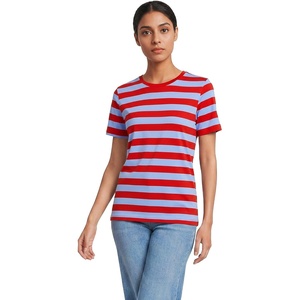 image:imageLands End Womens Supima Crew Neck TShirt  AmericanGrown Supima Cotton Relaxed Fit Tagless MidHip Length Layering Petite and Plus SizesCompass RedBlue Bold Stripe
