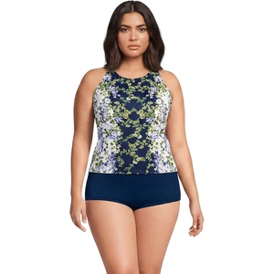 image:imageWomens Tugless High Neck Strappy Back Tankini Swimsuit TopWhiteNavy Blooms