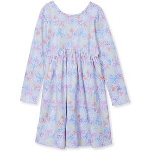 image:imageLands End Girls Long Sleeve Gathered Waist Jersey DressColorful BowsPurple