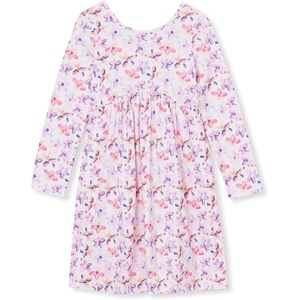 image:imageLands End Girls Long Sleeve Gathered Waist Jersey DressFloral MultiPink Mist