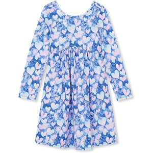 image:imageLands End Girls Long Sleeve Gathered Waist Jersey DressHeartsMultiAruba Blue