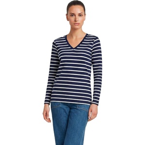 image:imageLands End Womens Supima Long Sleeve VNeck TeeDeep SeaIvory Breton Stripe