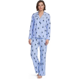 image:imageWomens Cotton Poplin 2 Piece Pajama Set  Long Sleeve Top and PantsCobalt FloralBlue Stripe