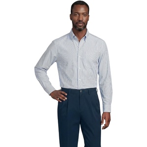 image:imageLands End Mens Traditional Fit Solid No Iron AmericanGrown Supima Pinpoint Buttondown Collar Dress ShirtMuted CobaltNavy Stripe