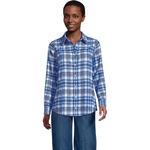 image:imageLands End Womens Flannel Boyfriend Fit Long Sleeve ShirtBright French Blue Plaid