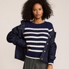 image:imageLands End Womens Cotton Cable Knit SweaterDeep Sea NavyIvory Stripe