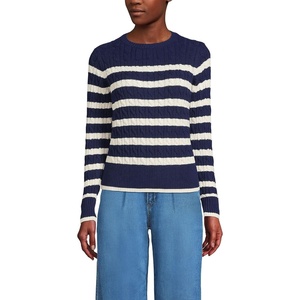image:imageLands End Womens Cotton Cable Knit SweaterDeep Sea NavyIvory Stripe