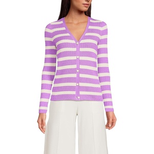 image:imageLands End Womens Drifter Baby Cable Vneck Cardigan SweaterFresh IvoryOrchid Stripe