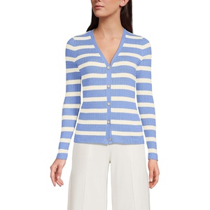 image:imageLands End Womens Drifter Baby Cable Vneck Cardigan SweaterFresh IvoryPeriwinkle Stripe