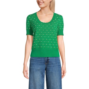 image:imageLands End Womens Fine Gauge Cotton Jacquard Scoop Neck SweaterTrue Green Floral Jacquard