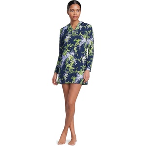 image:imageLands End Womens Cotton Jersey Long Sleeve Hooded Swim Coverup DressNavyWhite Blooms