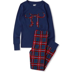 image:imageLands End Kids Pattern Snug Fit Pajama SetBowDark Blue Plaid